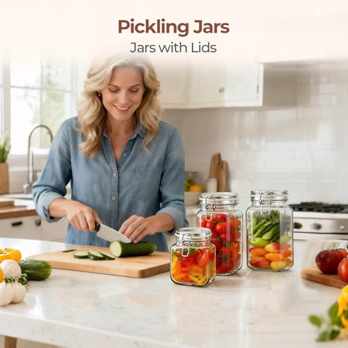 Square Glass Jars with Airtight Lids 51 oz 3 Pack Wide Mouth (51 fl oz x 3)