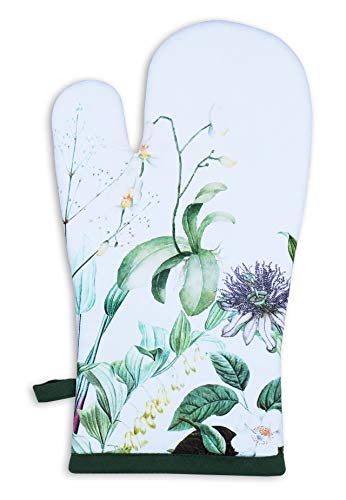 Oven Mitts Set of 1 Quilted Liner with Hanging Loop Non Slip (7x13 inches / Floral Shrubs)