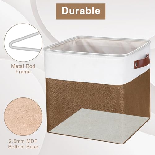 Collapsible Fabric Storage Cubes 11x11 Cube Storage Bins (Brown / Off-White / Cube - 11"x11"x11")
