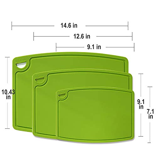 Silicone Thick Cutting Boards Mats Set of 3 Foldable & Flexible Design Juice Grooves Easy Grip Handle Dishwasher Safe for Kitchen (9.1"L x 7.1"W, 12.6"L x 9.1"W & 14.6"L x 10.4"W / Green)