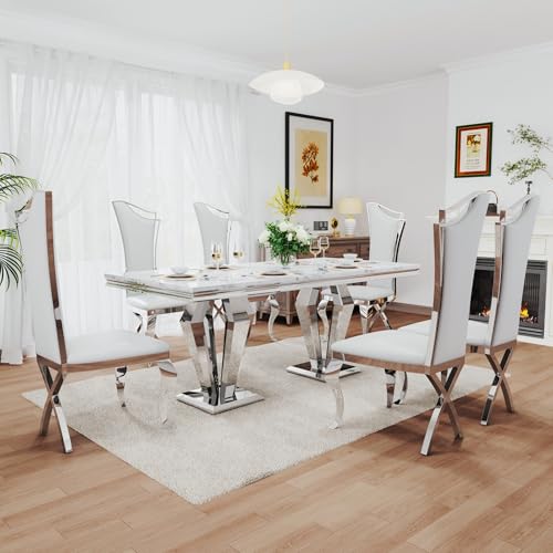 7 Piece Luxury Dining Room Set (Silver White + White / Dining Table + 6 High Back Chairs)