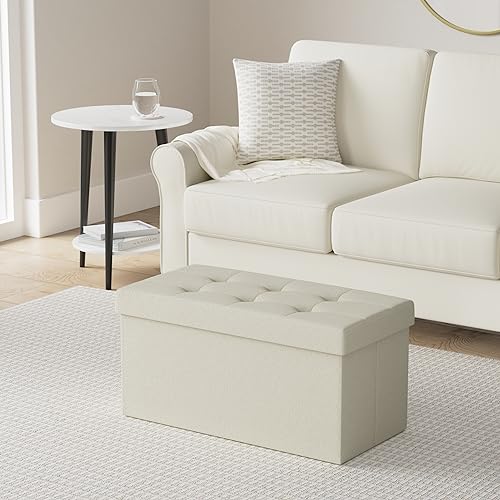 30 Inches Folding Storage Ottoman Bench (Cream White / 15"D x 30"W x 15"H (without Flipping Lid))