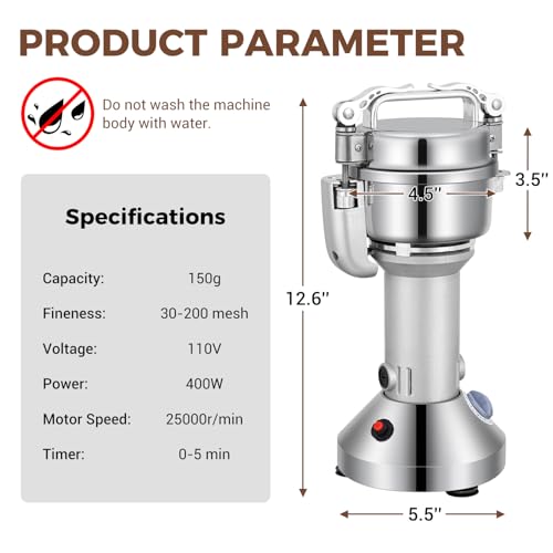 Grain Mill 150g Commercial Spice Grinder Electric 650W Stainless Steel Pulverizer Dry Grinder for Grinding Wheat (150G)