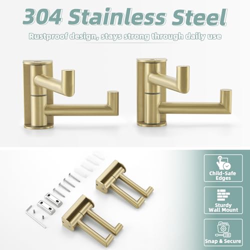 Brushed Gold Swivel Towel Hooks for Bathroom (2 Pack / Brushed Gold)