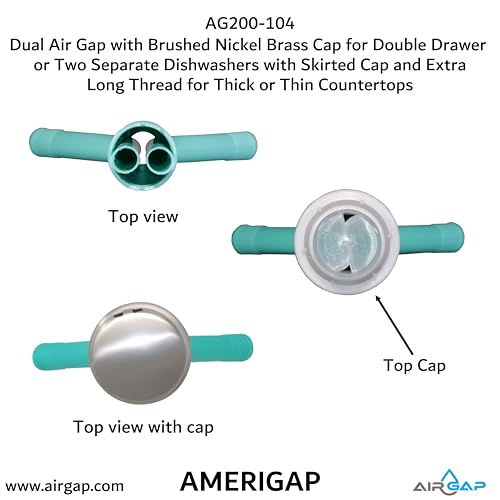Dual Air Gap with Brushed Nickel Brass Cap for Double Drawer or Two Separate Dishwashers with Skirted Cap and Extra Long Thread for Thick or Thin Countertops (AG200-104)