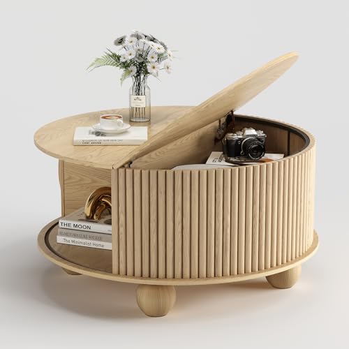 Round Coffee Table with Storage for Living Room (Oak)