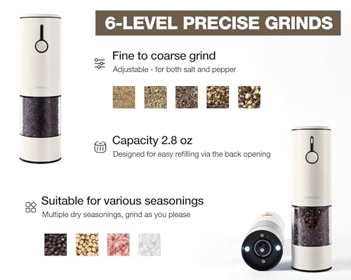 Electric Salt and Pepper Grinder Set Stainless Steel 2 Pack USB Rechargeable LED One Hand Off White (Off-White)