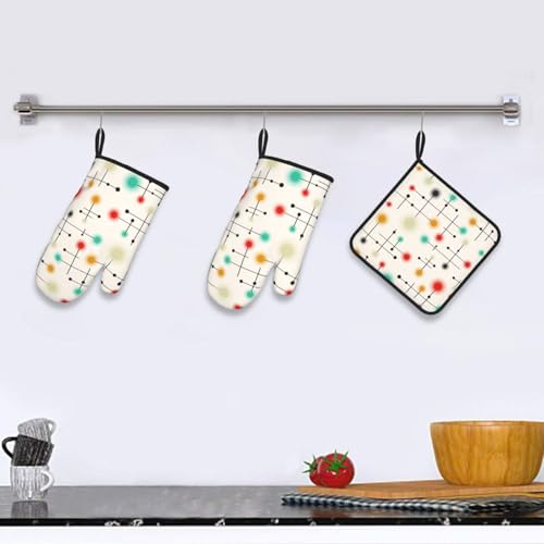 Mid Century Modern Oven Mitts and Pot Holders Sets of 3 Heat Resistant Non Slip Retro Kitchen Gloves Hot Pads for Cooking BBQ Grilling Baking (3 Count)