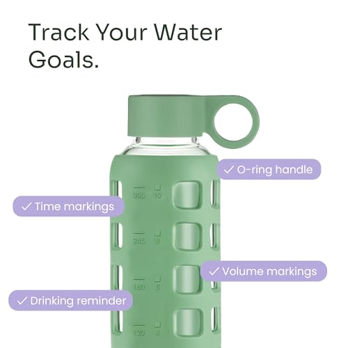 40oz / 32oz / 22oz / 12oz Borosilicate Glass Water Bottle with Time & Volume Markers, Silicone Sleeve, Stainless Steel Lid | Reusable Glass Bottle for Water & Juice (12oz Shale Green) (Shale Green (1 Count) / 12 Ounces)
