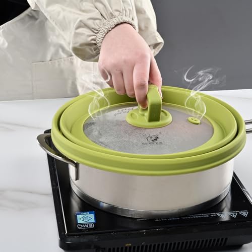 Microwave Splatter Cover Vented Glass Splatter Guard Lid with Collapsible Silicone for Food as Pot Cover 11.8 inch Large Plate for 6 7 8 9 10 11 inch Plate Bowl (Regular style 11.8 inch / Green)