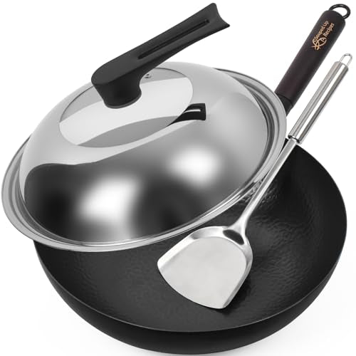 12.5 Inch Carbon Steel Wok For Electric (B-12.5 inch Wok with Stainless Steel & Glass Lid)