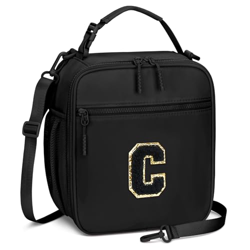 Lunch Box Kids Large Initial Insulated Lunch Bag for Girls (Black / C)