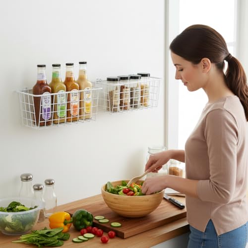 Hanging Kitchen Baskets For Storage Adhesive Sturdy Small Wire Storage Baskets No Drilling Wall Mounted Kitchen Food Pantry Bathroom Shelf Storage (4 Count)
