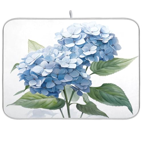 Blue Hydrangeas Flower Dish Drying Mat for Kitchen Counter Absorbent Microfiber Drying Pad (18" x 18")