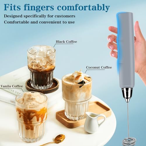 Milk Frother Wand Rechargeable Handheld Whisk Coffee 3 Speed Adjustable (Frother with stand / Cement Gray)