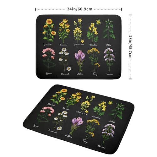 Black Flower Herbs Dish Drying Mat 18x24 Inch Botanical Floral Microfiber Drying Mats with Hanging Loop Foldable Absorbent Dish Drainer Rack Pad (Black Flower Herbs / 18" x 24")