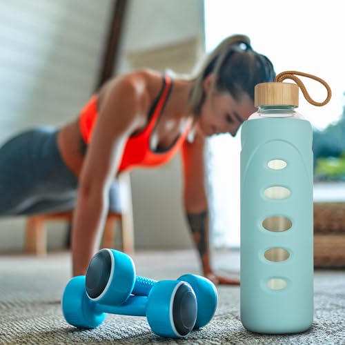 32 oz Narrow Mouth Glass Water Bottle with Windowed Silicone Sleeve (Cyan)
