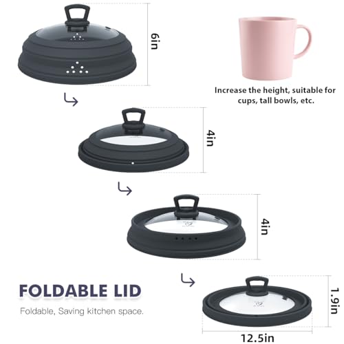 Tall Microwave Splatter Cover Glass Cover Guard Lid 7 inch Height with Collapsible Silicone for Food Pot Plate 12.5 inch Grey (12.5 inch / Grey (Taller style))