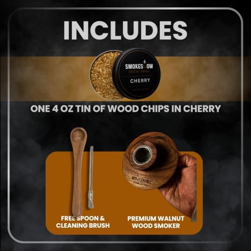 Premium Walnut Wood Cocktail Smoker with One 4 oz Tin of Wood Chips. Great for Whiskey & Old Fashion. Coated in Safe Food Natural Beeswax (Cherry)