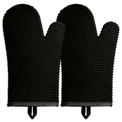 Silicone Oven Mitts (2PCS-12"L x 7"W/BLACK-WAVE SURFACE)