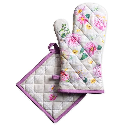 100% Cotton Oven Mitt & Pot Holder Set (071 - Pivoine / 7.5" x 13" & 8" x 8" (Oven Mitt & Pot Holder))