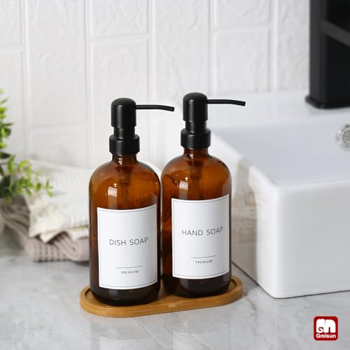 Amber Glass Soap Dispenser (Amber Bottle + Black Pump + Bamboo Tray / 2 Pack + Tray)
