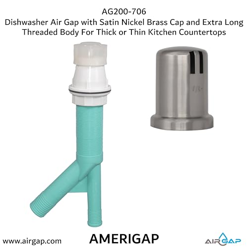 Dishwasher Air Gap with Skirted Satin Nickel Brass Cap and Extra Long Threaded Body for Thick or Thin Kitchen Countertops (AG200-706)