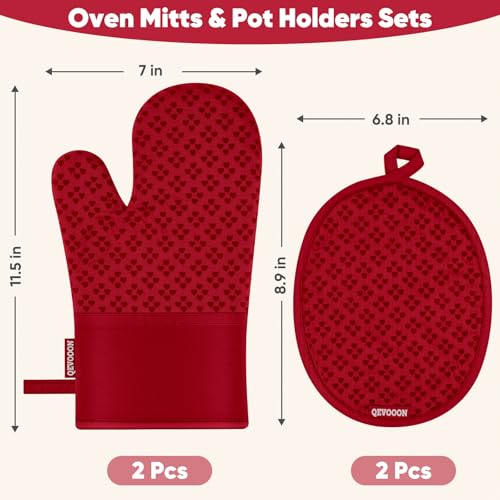 Oven Mitts and Pot Holders 4 Sets (Red)