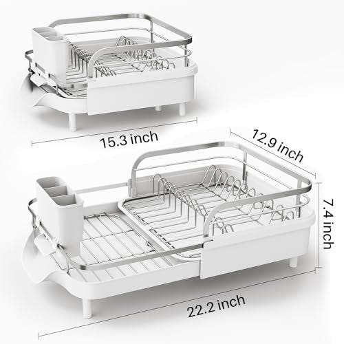 Expandable Dish Drying Rack for Small Kitchen Counter (White)