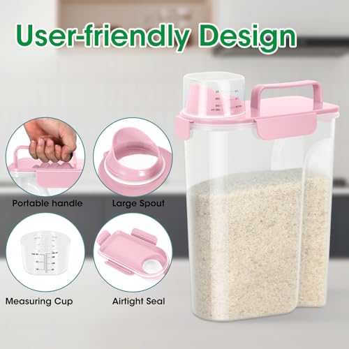 2 Pack Airtight Rice Container 5 Lbs +10 Lbs (Pink 3+6Qt)