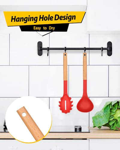 Silicone Soup Ladle and Pasta Spoon Set with Wooden Handle (2 Count)