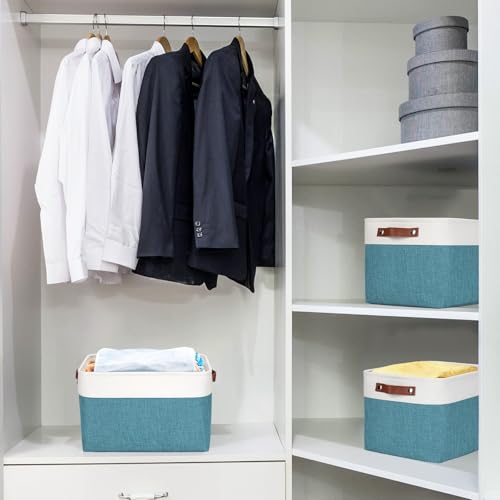 Storage Bins Large Fabric Storage Baskets for Shelves 3 Pack (Teal / Off-White / Large -15"x11"x9.5")