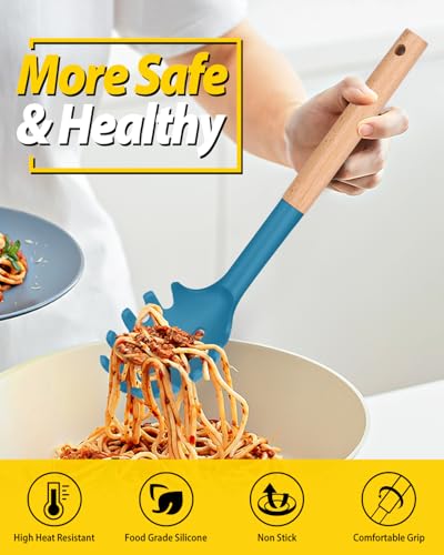 Silicone Soup Ladle and Pasta Spoon Set with Wooden Handle (2 Count)