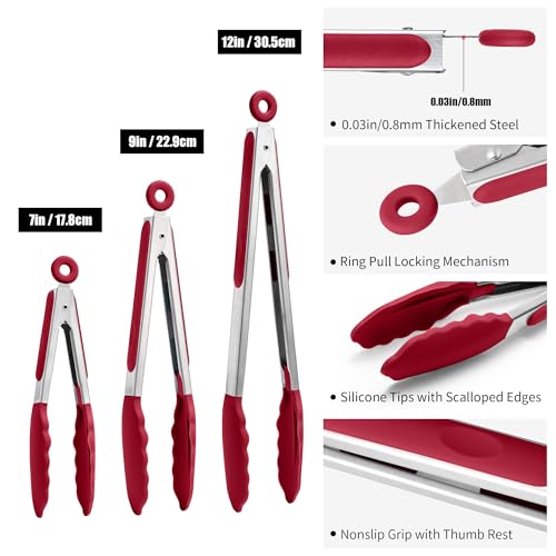 Kitchen Tongs with Silicone Tips for Cooking Serving (Set of 3 (7+9+12in) / Red)