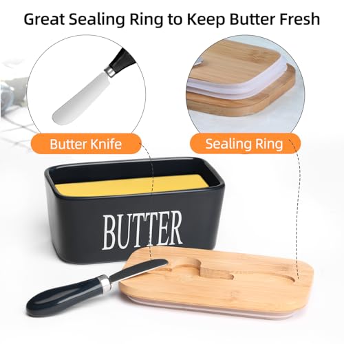Ceramic Butter Dish with Bamboo Lid and Stainless Steel Knife Spreader