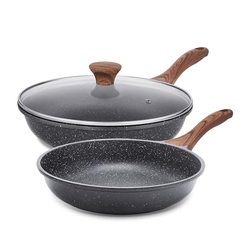 Nonstick Frying Pans (Gray / 8+11 Inch w/ Lid)