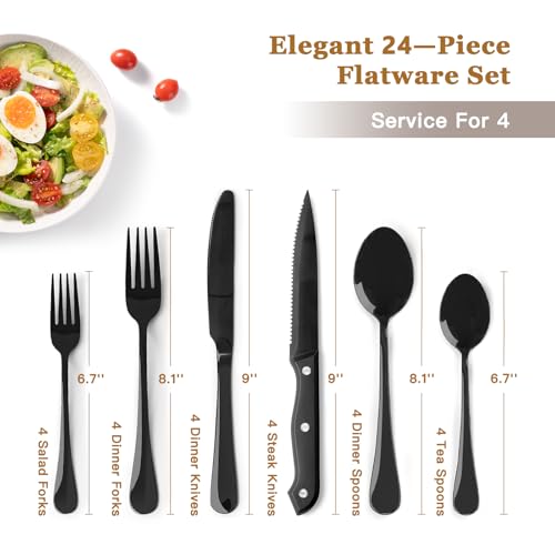 24 Piece Black Silverware Set with Steak Knives Flatware Set for 4 Food (24 PCS / Elegant Black Pro)