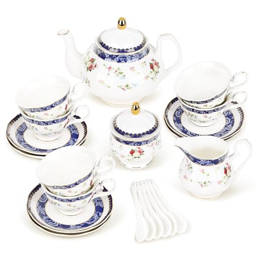 21 Piece Blue Lace and Roses Bone China Tea Sets for Adults (21 Count)