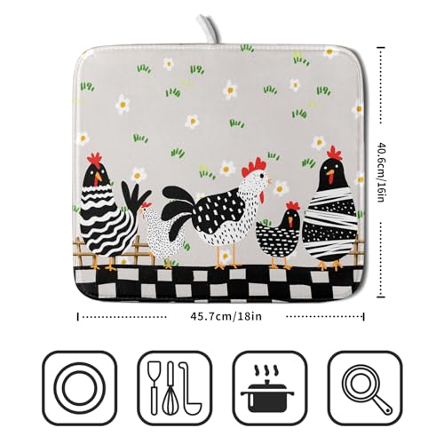 Black Rooster Dish Drying Mat for Countertop 16x18 Inches Buffalo Plaid Microfiber Drainer Rack Pads Fast Dry Dishes Mats Kitchen Accessories (Black Rooster / 16" x 18")