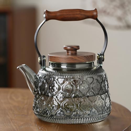 Stovetop Safe Glass Teapot with Malus Spectabilis Pattern Removable Infuser Fine Borosilicate Tea Pot perfect for Fruit Flowering Tea Canister Premium Quality Tea Kettle Gift (Gray / 1000ml)