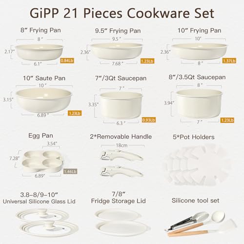 Pots and Pans Set Non Stick (Cream White / 21PCS-Standard)
