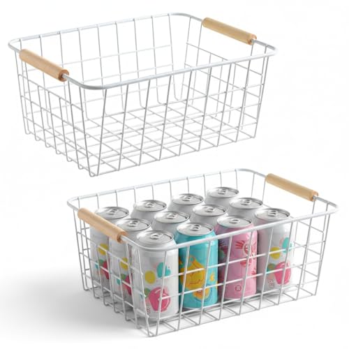 Kitchen Wire Baskets Farmhouse Decor Metal Food Storage Organizer (White / 2 Pack Small)