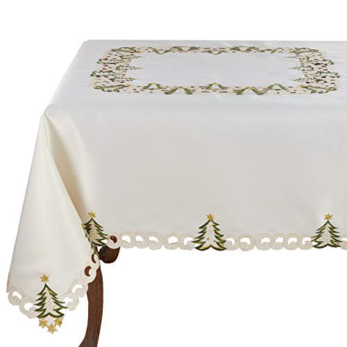 Pandoro Collection Holiday Embroidered Christmas Tree Cutwork Border 67 x 67 Inch Tablecloth (Ivory / 67" x 67" (Square))