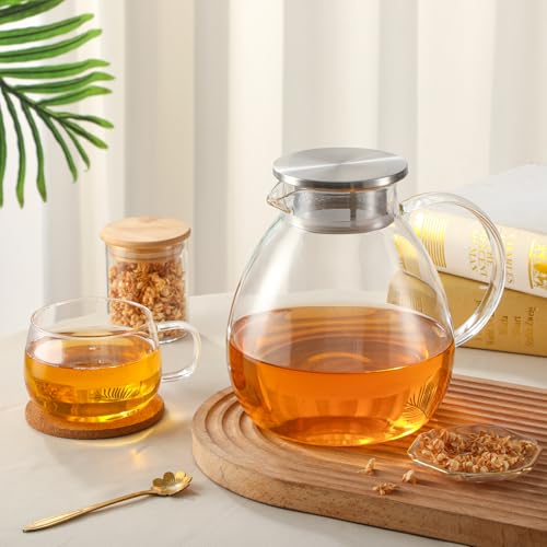 68OZ 2000ML One Touch Glass Teapot with Stainless Steel Filter Lid (68OZ (Round Bottom))