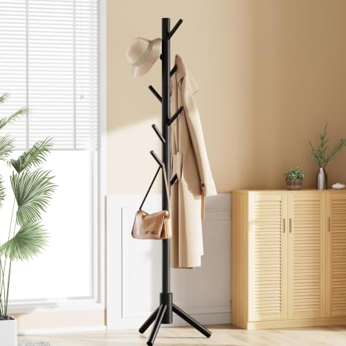 Solid Wooden Coat Rack Freestanding with 8 Hooks (Black)