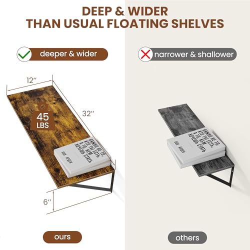 32W x 12D Deep Floating Shelves Set of 2 Rustic Brown (Rustic Brown With Black Metal Bracket / 32Wx12Dx5.8H)