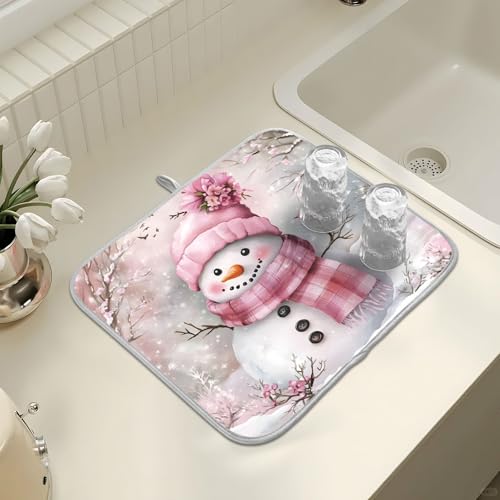 Winter Pink Snowman Dish Drying Mat for Kitchen Counter Absorbent Microfiber Christmas Small Drying Pad Dish mats for Kitchen Countertops 16 x 18 Inch (Christmas Pink Snowman / 18" x 16")