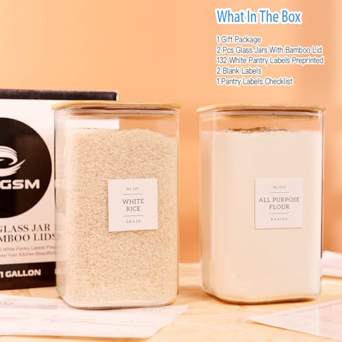 2 Pack Square Glass Flour and Sugar Containers with 132 Kitchen Pantry Labels (2 Count)