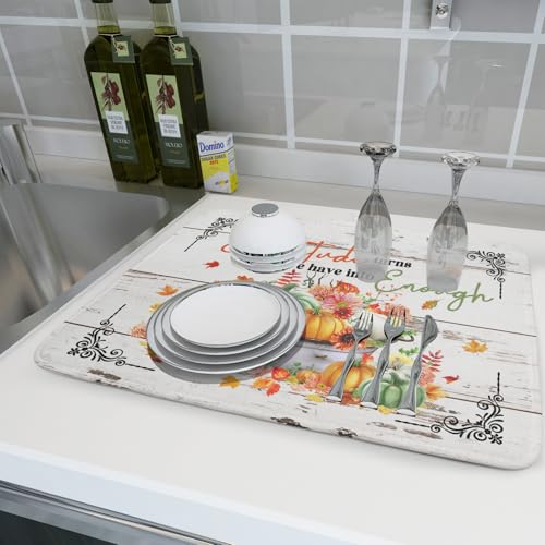 White Autumn Dish Drying Mat Absorbent Fall Drying Matt Kitchen Counter 18 X 24 in Home Season Decor (Thanksgiving Fall 511 / 24" x 18")