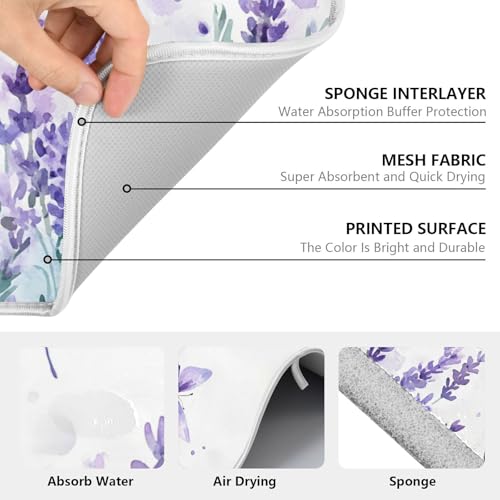 Purple Lavender Spring Summer Flower Floral Dish Drying Mat for Kitchen Counter Absorbent Microfiber Large Drying Pad Dish Mats for Kitchen Countertops 18 x 24 Inch (24" x 18")